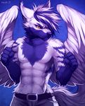  abs angry belt blue_background blue_fur canine clothed clothing falvie fists fluffy fluffy_tail front fur gloves_(marking) looking_at_viewer male mammal markings multicolor_fur orange_eyes pants plain_background pointy_ears solo standing topless two_tone_fur white_fur wings wolf 