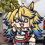  1girl american_flag american_flag_print animal_ears blonde_hair blue_eyes blue_hair breasts cleavage flag_print horse_ears horse_girl horse_tail jazz_jack jewelry long_hair looking_at_viewer midriff multicolored_hair navel necklace obey_your_master_(umamusume) shirt smile solo star-shaped_pupils star_(symbol) star_necklace symbol-shaped_pupils tail umamusume umamusume:_cinderella_gray yellow_nails 