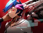  1boy android arm_out_of_frame arms_at_sides atltax_00 black_sleeves blood blood_splatter blood_stain blue_hair cable cable_insertion collar colored_bangs electric_plug facing_to_the_side fujiki_yusaku hand_on_another's_cheek hand_on_another's_face highres holographic_interface looking_to_the_side male_focus mechanization metal_collar outstretched_arm red_background red_eyes shirt spiked_hair technology upper_body white_shirt yu-gi-oh! yu-gi-oh!_vrains 