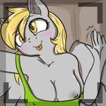  anthro anthrofied arnachy blonde_hair blush breasts derpy_hooves_(mlp) equine female friendship_is_magic fur grey_fur hair horse mammal my_little_pony nipples pegasus pony smile solo tongue tongue_out wings yellow_eyes 