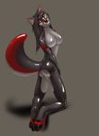  black_nose breasts brown_eyes butt canine female fox grey_background grey_hair hair kneeling latex_(artist) mammal nude plain_background rubber shiny smile solo teeth 