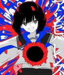  1girl :d absurdres black_hair black_skirt blue_background drawstring flower grey_eyes highres hood hood_down long_sleeves looking_at_viewer multicolored_hair original osisio petals purple_hair red_flower shirt simple_background skirt smile solo sunflower translation_request two-tone_hair white_shirt 