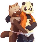  blush chubby clothing crotch_grab fondling fundoshi gay grope hand_in_underwear kemono male mammal masaki-nya-nya molest open_shirt panda shirt surprise tanuki topless underwear undressing young 