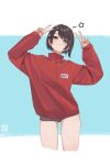  1girl :3 absurdres alternate_costume artist_logo blue_eyes brown_hair commentary cowboy_shot dolphin_shorts double_v english_commentary hakimen highres hololive jacket logo long_sleeves looking_at_viewer oozora_subaru oozora_subaru_(9th_costume) red_jacket short_hair shorts signature simple_background solo thighs v virtual_youtuber 