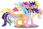  blonde_hair blood-asp0123 blue_eyes claws combined cutie_mark female fluttershy_(mlp) friendship_is_magic green_eyes group hair horn hydra looking_at_viewer multi-colored_hair multi_head multiple_tails my_little_pony pinkie_pie_(mlp) plain_background purple_eyes rainbow_dash_(mlp) rainbow_hair rarity_(mlp) scalie smile solo transformed twilight_sparkle_(mlp) wings 