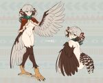  1girl absurdres animal_ears bird_ears bird_legs bird_tail blush breasts brown_feathers brown_wings capelet commentary english_commentary feathers glasses green_scarf grey_feathers grey_hair grey_wings hair_ribbon harpy highres looking_at_viewer medium_breasts monster_girl multiple_views naked_capelet navel nipples original pussy red_capelet red_ribbon ribbon round_eyewear scarf short_hair smile tail talons twitter_username two-tone_wings uncensored unreal_fish wings 