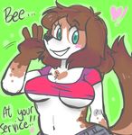  &lt;3 bee_(character) blush breasts canine clothed clothing dialog dog female looking_at_viewer mammal midriff skimpy solo text tight_clothing under_boob zombbh 