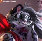 errokioslem felid female feral fur gold_(metal) gold_jewelry green_eyes grey_body grey_fur hi_res jewelry looking_at_object mammal markings pantherine pink_nose portrait snow_leopard solo spots spotted_body spotted_fur street three-quarter_portrait