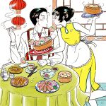  1boy 1girl apron ashtray bamboo_steamer bare_shoulders black_eyes black_hair blush china_dress chinese_clothes chinese_food chopsticks cigarette collared_shirt colored_skin commentary dim_sum dress dumpling emamemamo33 feet_out_of_frame fingernails food fruit hair_bun highres holding holding_bamboo_steamer holding_cigarette holding_plate holding_tray iridescent_hair lantern long_sleeves longevity_peach_bun looking_at_another necktie original peach plate shirt short_hair side_slit signature sitting steamed_bun suspenders table tablecloth teapot tray waist_apron wet_towel white_background white_shirt white_skin yellow_dress 