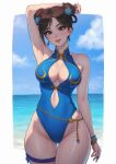  1girl arm_up armpits ass_visible_through_thighs bare_arms bare_shoulders bead_bracelet beads belly_chain blue_flower blue_nails blue_one-piece_swimsuit blue_sky border bracelet braid breasts brown_eyes brown_hair bun_with_braided_base casual_one-piece_swimsuit chun-li cloud commentary_request cowboy_shot double_bun earrings fingernails flower hair_bun hair_flower hair_ornament highleg highleg_one-piece_swimsuit highres horizon jewelry large_breasts legs_together light_smile looking_at_viewer nail_polish ocean official_alternate_costume one-piece_swimsuit outside_border sky solo standing street_fighter street_fighter_6 swimsuit teardrop_earrings thigh_gap thigh_strap umigraphics water white_border 