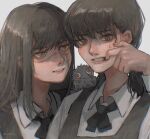  2girls aegyo_sal animal_on_shoulder bird bird_on_shoulder black_hair braid brown_eyes chainsaw_man chromatic_aberration commentary_request cross_scar fourth_east_high_school_uniform highres long_hair low_twin_braids mitaka_asa mouth_pull multiple_girls orange_eyes ringed_eyes scar scar_on_cheek scar_on_face scar_on_nose school_uniform smile sweatdrop twin_braids twitter_username uu0000322 war_devil_(chainsaw_man) yoru_(chainsaw_man) 