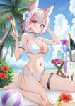  1girl animal_ears arm_strap artist_request ball bare_shoulders beach_mat beachball bikini breasts champagne_flute check_artist choker cleavage closed_mouth criss-cross_halter cup drinking_glass extra_ears flower fox_ears hair_flower hair_ornament halterneck hand_up hands_up highres holding holding_cup indie_virtual_youtuber kagura_ura large_breasts looking_at_viewer multicolored_hair navel pink_eyes pink_hair second-party_source short_hair sitting smile solo stomach strap_gap string_bikini swimsuit thigh_strap thighs tiv two-tone_hair virtual_youtuber wariza white_bikini white_choker white_hair 