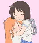  2girls ^_^ beachepisode black_hair blue_skirt closed_eyes coat hand_on_another's_back height_difference highres hug lab_coat multiple_girls nichijou orange_hair pink_background pleated_skirt professor_shinonome school_uniform shinonome_nano shirt short_hair short_sleeves skirt smile tokisadame_school_uniform white_coat white_shirt winding_key 