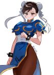  1girl blue_dress bracelet brown_hair brown_pantyhose china_dress chinese_clothes chun-li closed_mouth cowboy_shot double_bun dress eyelashes hair_bun highres ierdid jewelry looking_at_viewer pantyhose puffy_short_sleeves puffy_sleeves red_eyes short_sleeves smile solo spiked_bracelet spikes street_fighter twitter_username white_background 
