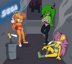 2017 accessory alley anthro archie_comics arm_under_breasts bare_shoulders big_breasts blue_bra blue_clothing blue_panties blue_underwear boots bra breasts brown_hair cigarette cigarette_butt cigarette_in_mouth city cityscape cleavage clothed clothing domestic_cat felid feline felis female footwear gesture gloves green_body green_hair group hair hair_accessory hair_tie hairband hand_gesture handwear herpestid horn humanoid imightbemick leaning_against_wall long_hair mammal manx medium_breasts middle_finger mina_mongoose mongoose navel neon_sign object_in_mouth orange_body outside panties pink_bra pink_clothing pink_panties pink_underwear ponytail purple_hair red_bra red_clothing red_panties red_underwear sega shoes sign smoking smoking_cigarette sonic_the_hedgehog_(archie) sonic_the_hedgehog_(comics) sonic_the_hedgehog_(series) sonic_x-treme strapless_bra strapless_clothing strapless_underwear the_deadly_six tiara_boobowski trash_can trio underwear underwear_only white_clothing white_gloves white_handwear yellow_body zeena zeti