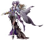  1girl armor armored_boots black_skirt black_veil boots breastplate breasts brown_pantyhose cape closed_mouth collar crossed_legs curtained_hair faulds floating_clothes floating_veil frilled_collar frills full_body funeral_veil game_cg hair_ornament hair_tie high_ponytail highres holding holding_sword holding_weapon juliet_sleeves knight langrisser langrisser_mobile large_breasts light_frown long_hair long_skirt long_sleeves looking_at_viewer mole official_art pantyhose pauldrons ponytail puffy_sleeves purple_cape purple_eyes purple_shirt second-party_source serious shirt shoulder_armor side_slit silver_trim simple_background skirt solo standing sword tabres_(langrisser) tachi-e transparent_background vambraces veil very_long_veil waist_cape weapon wing_hair_ornament 
