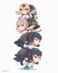  4girls alternate_costume armored_skirt bare_shoulders beleven black_hair black_socks blonde_hair blue_eyes blue_hairband blush braid brown_eyes chibi crown_braid detached_sleeves eastern_santa_cruz_giant_tortoise_(kemono_friends) galapagos_tortoise_(kemono_friends) green_hairband grey_hair greyscale hair_between_eyes hairband highres island kemono_friends loose_socks monochrome multicolored_hair multiple_girls outstretched_arms pleated_skirt shirt short_hair sidelocks skirt smile socks turtle_girl turtle_shell western_santa_cruz_giant_tortoise_(kemono_friends) white_shirt white_sleeves white_socks yellow_hairband zettai_ryouiki 