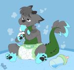 3_toes 4_fingers after_transformation age_regression ambiguous_gender anthro artist_logo baby_bottle beverage black_ear_tips black_horn black_nose black_pawpads blue_background blue_body blue_feathers blush blush_lines bodily_fluids bubblepuppers clothed clothing cloud_emanata diaper diaper_only dipstick_ears dragon drooling ear_markings emanata feathers feet fingers gloves_(marking) green_body green_tail grey_body grey_feathers grey_hair grey_tail_feathers hair half-closed_eyes head_horn hi_res horn implied_hypnosis leg_markings logo markings multicolored_ears mythological_creature mythological_scalie mythology narrowed_eyes pawpads raizu_(paddedraizu) saliva scalie simple_background sitting socks_(marking) solo spiked_tail spikes spikes_(anatomy) spiral spiral_eyes sucking tail thumb_suck toes topless wavy_mouth wearing_diaper white_fingers