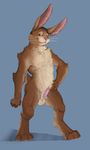  blue_background brown_eyes brown_fur chest_tuft digitigrade erection fur lagomorph male mammal narse penis plain_background rabbit small_penis smile solo tan_fur tuft 