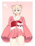  animal_ears blonde_hair blue_eyes bow crossdressing eyebrows eyelashes girly hair human japanese_clothing kimono light_skin looking_at_viewer loyproject male mammal mouse nails not_furry panties pink_background plain_background rodent simple_background solo thighs underwear upskirt 