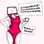 042_(alberto_omega) alberto_omega backless_dress bare_back breaking_the_fourth_wall clothing crotch_rope dialogue dress electronics fan_character female first_person_view for_a_head gesture hand_gesture hi_res humanoid humor machine object_head pointing red_clothing red_dress robot rope screen screen_face screen_head shaded simple_background simple_eyes simple_mouth simple_shading solo speech_bubble television text tv_head wide_hips