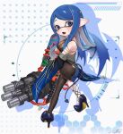  1girl :o black_dress black_thighhighs blue_eyes blue_hair blue_jacket blue_shoes blue_tail blue_wings breasts chromatic_aberration cleavage commentary commission demon_girl demon_tail demon_wings dress drop_shadow fang full_body heart heart_in_eye highres holding holding_weapon hydra_splatling_(splatoon) inkling inkling_girl inkling_player_character jacket large_breasts long_hair long_sleeves looking_at_viewer mole mole_under_eye open_clothes open_jacket open_mouth parted_bangs pointy_ears puchiman shoes signature single_thighhigh sleeveless sleeveless_dress solo splatoon_(series) sweat symbol-only_commentary symbol_in_eye tail tentacle_hair thighhighs watermark watermark_grid weapon wide_sleeves wings 