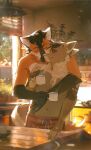 anthro backlighting bottomwear brown_body brown_fur brown_hair canid canine ceiling closed_smile clothed clothing container cup day detailed_background digital_media_(artwork) duo eli_(themanedone) eyes_closed fennechino film_grain front_view fur hair hi_res holding_container holding_cup holding_mug holding_object hug hugging_another hugging_from_behind inside internal_wall kitchen leg_markings light lighting looking_at_another male male/male male_anthro mammal maned_wolf markings monopoly360 mouth_closed mug navel orange_body orange_fur plant shaded smile socks_(marking) steam tail tan_body tan_fur topless wall_(structure) white_body white_fur
