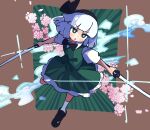  1girl :o black_bow black_bowtie black_shoes blush bow bowtie cherry_blossoms commentary dual_wielding full_body gram_9 green_eyes green_skirt green_vest hairband highres holding holding_sword holding_weapon konpaku_youmu konpaku_youmu_(ghost) medium_hair parted_lips shirt shoes short_sleeves skirt socks solo sword touhou vest weapon white_hair white_shirt white_socks 