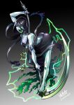  1girl artist_name ass backless_dress backless_outfit black_choker black_dress black_hair breasts choker cleavage colored_skin dress fangs feet genderswap genderswap_(mtf) glowing glowing_eyes green_eyes highres holding holding_scythe leg_up lightning long_dress necron nightbringer open_mouth ryuusei_(mark_ii) scythe shiny_skin side_slit signature simple_background sleeveless sleeveless_dress small_breasts solo thighs tiptoes toes warhammer_40k 
