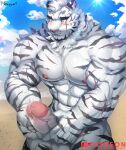 2023 5_fingers abs absurd_res anthro areola arknights arm_scar artist_name balls beach biped black_stripes blue_eyes blush cheek_tuft chest_scar claws cloud detailed_background digital_media_(artwork) erection eye_scar facial_scar facial_tuft felid finger_claws fingers foreskin fur genitals glans glistening glistening_eyes hi_res humanoid_genitalia humanoid_penis hypergryph inner_ear_fluff leg_scar looking_at_genitalia looking_at_own_penis looking_at_penis looking_at_self looking_down looking_down_at_genitalia looking_down_at_penis male male_anthro mammal masturbation mountain_(arknights) muscular muscular_anthro muscular_male navel nekogaki0324 nipples nude nude_anthro nude_male open_mouth outside pantherine patreon patreon_logo pecs penile penile_masturbation penis pink_areola pink_glans pink_nipples pink_nose retracted_foreskin sand scar sea sky solo striped_body striped_fur stripes studio_montagne sun teeth text tiger tuft vein veiny_penis water white_balls white_body white_fur white_inner_ear_fluff white_penis