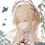  1girl bare_shoulders blonde_hair blue_butterfly brooch bug butterfly choker closed_mouth collarbone commentary_request crescent crescent_earrings detached_sleeves dot_nose dress earrings eyelashes flower gold_choker hair_between_eyes halter_dress halterneck happy infinity_nikki jewelry laurel_crown light_blush lips long_hair looking_ahead nikki_(series) pink_eyes pink_lips plant simple_background smile so_ni_ni solo sun_symbol swept_bangs upper_body vines white_background white_dress white_flower white_sleeves wind_of_purity_(infinity_nikki) 