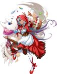  1girl aka_(langrisser) apple apron arm_wrap axe baguette basket blue_ribbon braid braided_sidelocks bread breasts brown_corset buttons candy capelet cleavage corset cosplay croissant dark-skinned_female dark_skin dress dust_cloud floating floating_food floating_hair floating_object food frilled_apron frilled_dress frilled_scarf frilled_sleeves frills fruit full_body game_cg grey_hair hand_up high_heels highres holding holding_axe holding_basket holding_weapon hood hood_up hooded_capelet langrisser langrisser_mobile large_breasts leg_up little_red_riding_hood_(fairy_tale_character) little_red_riding_hood_(fairy_tale_character)_(cosplay) looking_at_viewer multicolored_hair official_alternate_costume official_art one_eye_covered pantyhose parted_lips picnic_basket pink_scarf polka_dot polka_dot_scarf purple_eyes purple_hair red_capelet red_dress red_hood red_ribbon red_shoes ribbon scarf second-party_source shoes simple_background solo standing standing_on_one_leg star_(symbol) streaked_hair stuffed_animal stuffed_toy stuffed_wolf tachi-e transparent_background weapon white_apron white_pantyhose 
