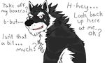  anthro black_fur black_nose canine english_text fangs fur male mammal nervous nude orion_(aluminemsiren) plain_background red_eyes solo teeth text tongue white_background white_fur wolf 