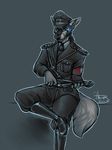  blue_hair canine crossed_legs hair hat looking_at_viewer male mammal nazi riding_crop rokemi sitting solo uniform wolf 