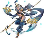  1girl :d absurdly_long_hair aka_(langrisser) arabian_clothes bare_shoulders belly_dancing blue_butterfly blue_feathers blue_panties blue_sandals blue_shawl blue_sleeves blue_thighhighs blue_veil bracelet braid braided_sidelocks breasts bridal_gauntlets brooch bug butterfly choker circlet dancer dancing dark-skinned_female dark_skin detached_sleeves feather_hair_ornament feathers floating_clothes floating_hair floating_veil full_body game_cg gem gold_bracelet gold_jewelry gold_trim grey_hair hair_between_eyes hair_ornament harem_outfit harem_pants highres holding holding_staff jewelry langrisser langrisser_mobile large_breasts leg_up legs long_hair long_sidelocks looking_at_viewer low_ponytail navel official_alternate_costume official_art open_mouth outstretched_hand panties pants pantyshot pelvic_curtain ponytail purple_eyes sandals second-party_source see-through_clothes see-through_pants see-through_shawl shawl shiny_skin sideboob sidelocks simple_background smile solo staff standing standing_on_one_leg stomach tachi-e thighhighs toes transparent_background underwear veil very_long_hair 