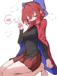  1girl bare_legs barefoot black_shirt blue_cape blush bow breasts breath cape commentary_request furrowed_brow hair_between_eyes hair_bow highres impossible_clothes impossible_shirt isgod long_sleeves looking_at_viewer medium_breasts mixed-language_commentary no_shoes pleated_skirt red_cape red_eyes red_hair red_skirt seiza sekibanki shirt short_hair shy simple_background sitting skirt solo speech_bubble spoken_blush steam touhou two-sided_cape two-sided_fabric v white_background 