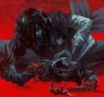  1boy 1other anglerfish_boy black_shirt boy_on_top burn_scar catnip_cataria empty_eyes exposed_fat extra_arms fins grin guro hair_over_one_eye hand_grab hand_on_another&#039;s_face head_fins highres logo long_sleeves looking_at_viewer lying mask mask_of_sadness_(pressure) on_back on_ground pressure_(roblox) scar sebastian_solace sharp_teeth shirt skinned smile t-shirt teeth undershirt white_shirt wide-eyed 