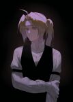  1boy ahoge armlet artist_name black_armlet black_background black_vest blonde_hair dress_shirt edward_elric fullmetal_alchemist gloves guaner_cancan hair_intakes hand_on_own_arm high_ponytail highres jewelry light_smile long_hair long_sleeves looking_down male_focus ponytail shirt sidelocks signature simple_background single_glove solo turtleneck turtleneck_shirt twitter_username vest white_gloves white_shirt yellow_eyes 