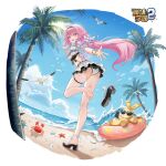  1girl ass beach benghuai_xueyuan bikini bikini_skirt bird blue_eyes blue_sky bracelet breasts copyright_logo crab elysia_(honkai_impact) elysia_(miss_pink_elf)_(honkai_impact) elysia_(summer_miss_elf)_(honkai_impact) from_behind hairband highres homu_(honkai_impact) honkai_(series) honkai_impact_3rd in-franchise_crossover innertube jewelry logo long_hair looking_at_viewer medium_breasts ocean official_alternate_costume official_art palm_tree pink_hair rero_(bigdoorbig2) sandals scrunchie seagull single_bare_foot sky smile soles solo swim_ring swimsuit thigh_strap toes tree very_long_hair waving white_bikini white_hairband wrist_scrunchie 