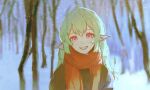  1girl :d ahoge alternate_costume bare_tree black_coat blurry blurry_background coat english_commentary finana_ryugu fins forest green_hair head_fins head_tilt highres kirei767 light_blush long_hair looking_at_viewer nature nijisanji nijisanji_en open_mouth outdoors purple_eyes red_scarf scarf sidelocks smile snowing solo straight-on teeth tree upper_body upper_teeth_only virtual_youtuber winter winter_clothes winter_coat 