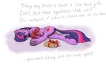  anus book bound bow cutie_mark english_text equine female feral friendship_is_magic fur gift hair hi_res horn horse lying mammal multi-colored_hair my_little_pony on_side pony purple_eyes purple_fur pussy ribbons sean_mirrsen solo text twilight_sparkle_(mlp) unicorn 