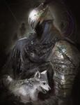  1boy abyssmalenia animal armor artorias_the_abysswalker baby_animal blue_cloak cloak dark_souls_(series) dark_souls_i dog faceless faceless_male full_armor gauntlets great_grey_wolf_sif grey_wolf helmet highres humanity_(dark_souls) male_focus plume puppy silver_armor upper_body wolf 