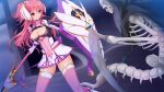  1girl armor battle belt blush boots bow breastplate breasts cleavage cleavage_cutout clenched_teeth clothing_cutout dress dutch_angle elbow_gloves en_ciel_rena en_ciel_rena_(sin) faulds fighting_stance game_cg gem gloves gorget hair_between_eyes hair_ornament hair_ribbon holding holding_shield holding_weapon hood indoors kourin_tenshi_en_ciel_rena large_breasts large_variant_set legs_apart long_hair looking_at_another magical_girl monster non-web_source official_art one_side_up parted_lips pauldrons pillar pink_eyes pink_hair pink_thighhighs polearm red_eyes ribbon saitou_natsuki scythe shield short_dress shoulder_armor skeleton skirt spear standing suhamaya teeth thighhighs tomoe_rena turtleneck v-shaped_eyebrows variant_set weapon white_gloves zettai_ryouiki 