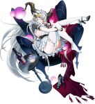  1girl alcohol alternate_costume apron armchair ass black_dress black_horns black_shoes blush bottle bowl breasts chair come_hither cup curved_horns dragon_girl dragon_horns dress drinking_glass enmaided floating_hair flower frilled_apron frilled_dress frills full_body game_cg garter_straps glowing glowing_object grey_hair hair_between_eyes hair_flower hair_ornament hair_ribbon hand_over_face high_heels highres holding holding_cup holding_own_leg horns ice ice_cube isolde_(langrisser) knees_up langrisser langrisser_mobile large_breasts legs_up long_hair looking_at_viewer maid maid_apron maid_headdress nail_polish official_alternate_costume official_art on_chair orb panties pantyshot parted_lips pointy_ears red_nails red_shawl red_wine ribbon second-party_source shawl shiny_skin shoes short_dress short_sleeves sideboob simple_background single_shoe sitting_sideways slit_pupils solo table tachi-e tassel thighhighs transparent_background unconventional_maid underbutt underwear unworn_shoes very_long_hair waist_apron white_apron white_garter_straps white_panties white_ribbon white_thighhighs wine wine_bottle wine_glass wrist_cuffs yellow_eyes yellow_flower zettai_ryouiki 