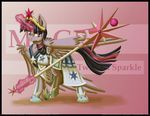  armor crown english_text equine female feral friendship_is_magic glowing gold hair horn horse inuhoshi-to-darkpen levitation magic mammal multi-colored_hair my_little_pony polearm pony purple_eyes purple_hair solo sparkles staff standing text twilight_sparkle_(mlp) winged_unicorn wings 