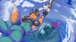 anthro arctic_fox barazoku bodily_fluids brother_(lore) brothers_(lore) canid canine canis clothed clothing crying detailed_background duo epic_games falling fanfic fanfiction fennix_(fortnite) fortnite fox fur hand_holding hi_res incest_(lore) island male male/male mammal muscular muscular_anthro muscular_male orange_body orange_fur perspective pinumontbalou red_fox screaming sibling_(lore) spikes story story_in_description tears true_fox volpez_(fortnite) white_body white_fur