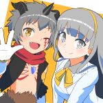  1boy 1girl absurdres aegiomon animal_legs black_vest body_markings border breasts brown_fur chest_jewel commentary digimon digimon_(creature) digimon_story:_time_stranger english_commentary facial_mark fang goat_boy grey_eyes grey_hair grey_shirt highres horns jacket misono_inori no_shirt one_eye_closed pointy_ears shirt simple_background vest white_border white_jacket yamamoto_zetta yellow_background yellow_eyes 