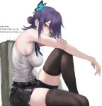  1girl aimu_(angry9565) armpit_crease artist_name black_shorts black_thighhighs blue_butterfly blue_ribbon breasts bug butterfly chainsaw_man chair green_eyes hair_bun highres knee_up large_breasts looking_at_viewer neck_ribbon on_chair purple_hair reze_(chainsaw_man) ribbon shirt short_shorts shorts sitting solo thighhighs white_background white_shirt 