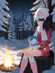  1girl beanie bird black_hair blue_eyes blue_hair blush boots breasts campfire closed_eyes closed_mouth coat dawn_(pokemon) fire hair_ornament hairclip hat highres holding holding_pokemon kneehighs long_hair night night_sky on_tree_stump open_mouth penguin pink_boots piplup pokemon pokemon_(creature) pokemon_dppt pokemon_platinum red_coat revvie scarf sitting sky smile snow socks tree white_hat white_scarf white_socks winter_clothes winter_coat 