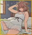  1girl arknights bags_under_eyes bird_girl bird_tail bite_mark bite_mark_on_shoulder blush breasts brown_feathers brown_hair caffichai commentary english_commentary feather_hair feathers hair_between_eyes head_wings highres indoors long_hair messy_hair nightgown on_bed one_eye_closed orange_eyes owl_ears owl_girl pillow silence_(arknights) small_breasts solo squeans tail waking_up white_nightgown window wings 